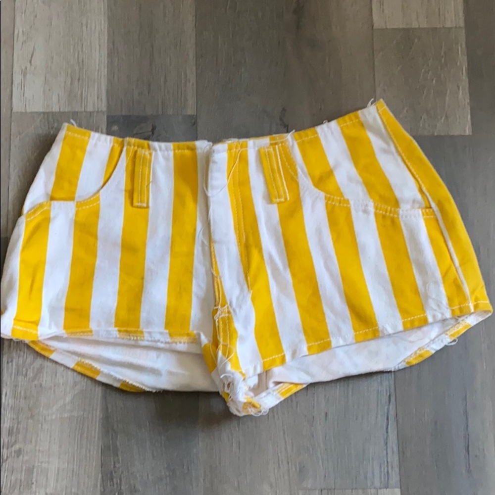 White and Yellow Denim Striped Shorts